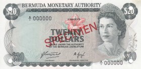 Bermuda, 20 Dollars, 1976, UNC, p31bs, SPECIMEN
Queen Elizabeth II. Potrait
Serial Number: A/1 000000
Estimate: 250-500