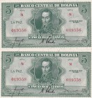 Bolivia, 5 Bolivianos, 1928, UNC, p129, (Total 2 banknotes)
Serial Number: N 019556, N 019558
Estimate: 10-20