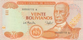Bolivia, 20 Bolivianos, 2005, UNC, p229
Low Serial Number
Serial Number: 00000772 G
Estimate: 10-20