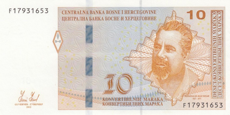 Bosnia - Herzegovina, 10 Convertible Maraka, 2012, AUNC, p80a
Serial Number: F1...