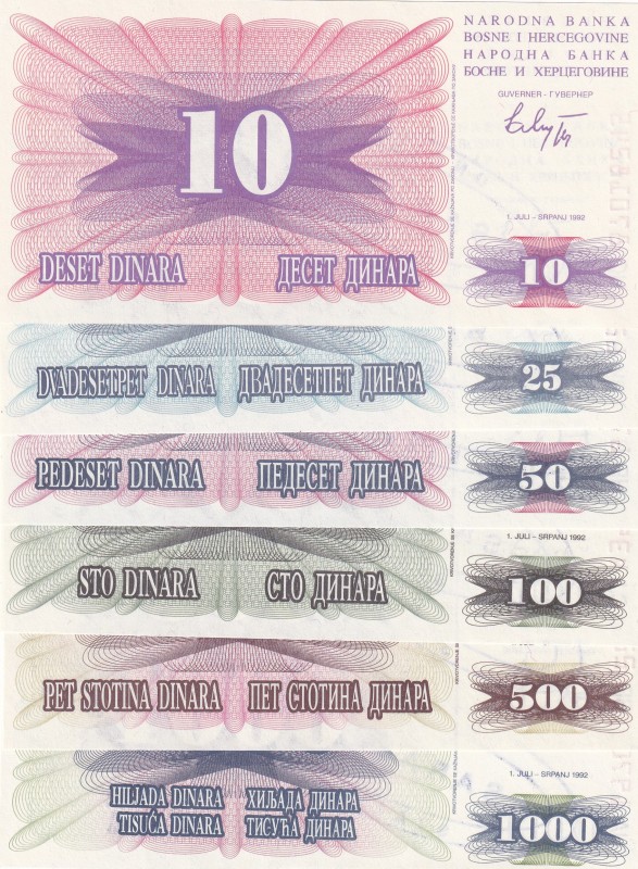 Bosnia - Herzegovina, 10-25-50-100-500-1.000 Dinara, 1992, UNC, (Total 6 banknot...