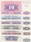 Bosnia - Herzegovina, 10-25-50-100-500-1.000 Dinara, 1992, UNC, (Total 6 banknotes)
surcharge
Estimate: 10-20