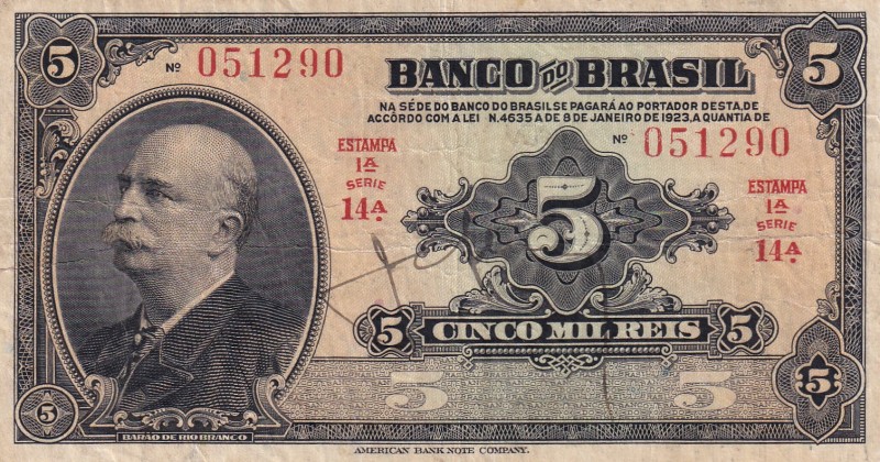 Brazil, 5 Mil Reis, 1923, VF, p112a
Serial Number: 14A 051290
Estimate: 300-60...