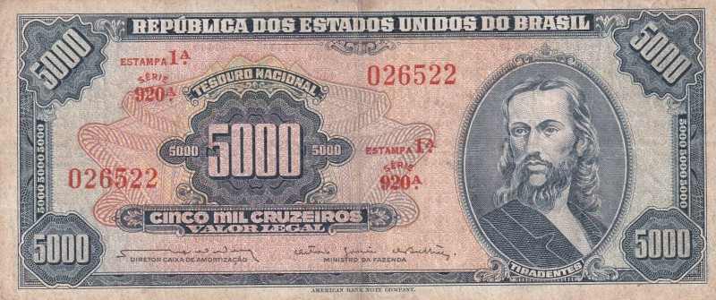 Brazil, 5.000 Cruzeiros, 1964, VF, p174b
Serial Number: 920 026522
Estimate: 1...