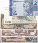 Brazil, (Total 5 banknotes)
2 Reais, 2010, p252, UNC; 5.000 Cruzeiros, 1990, p227, UNC; 5 Cruzeiros, 1961, p166, UNC; 5 Cruzeiros, 1964, p176d, AUNC;...