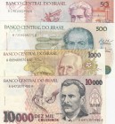 Brazil, 1.000-10.000 Cruzeiros - 50-500 Cruzados, UNC, (Total 4 banknotes)
1.000 Cruzeiros, 1990, p231; 10.000 Cruzeiros, 1992, p233; 50 Cruzados, 19...