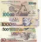 Brazil, UNC, (Total 4 banknotes)
50 Cruzeiros on 50 Cruzados Novos, 1990, p223; 500 Cruzeiros on 500 Cruzados Novos, 1990, p226; 1 Cruzado Novo on 1....