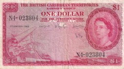 British Caribbean Territories, 1 Dollar, 1963, VF(+), p7b
Has a ballpoint pen
Queen Elizabeth II. Potrait
Serial Number: N4-023804
Estimate: 50-10...