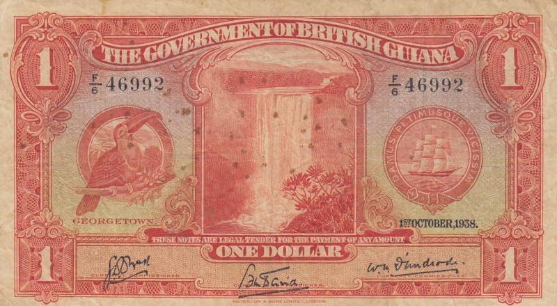 British Guiana, 1 Dollar, 1938, FINE, p12b
Serial Number: F/6 46992
Estimate: ...