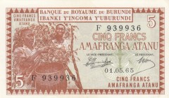 Burundi, 5 Francs, 1965, AUNC(-), p8
Serial Number: F 939939
Estimate: 30-60