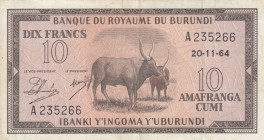 Burundi, 10 Francs, 1964, XF(-), p9a
Serial Number: A235266
Estimate: 60-120