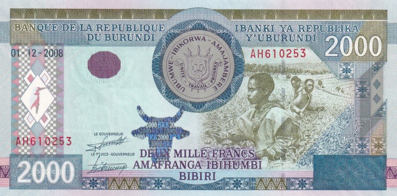 Burundi, 2.000 Francs, 2008, UNC, p47
Serial Number: AH610253
Estimate: 10-20