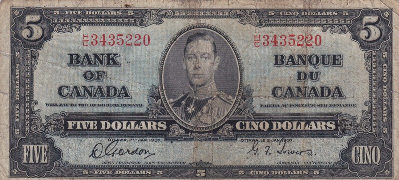 Canada, 5 Dollars, 1937, VF(-), p60b
Serial Number: H/C 3435220
Estimate: 40-8...