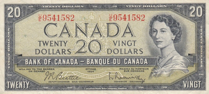 Canada, 20 Dollars, 1954, VF, p80b
Queen Elizabeth II. Potrait
Serial Number: ...