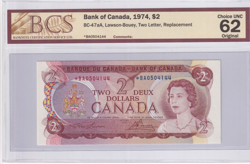 Canada, 2 Dollars, 1974, UNC, p86a, REPLACEMENT
BCS 62
Queen Elizabeth II. Pot...