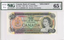 Canada, 20 Dollars, 1969, UNC, p89s, SPECIMEN
PMG 65 EPQ
Queen Elizabeth II. Potrait
Serial Number: EA 0000000
Estimate: 450-900