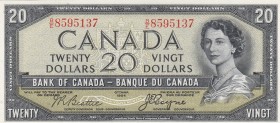 Canada, 20 Dollars, 1954, UNC, p70a, DEVIL'S FACE
Queen Elizabeth II. Potrait
Serial Number: B/E 8595137
Estimate: 600-1200