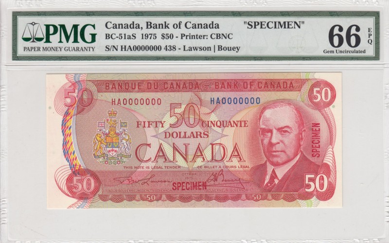 Canada, 50 Dollars, 1975, UNC, p90as, SPECIMEN
PMG 66 EPQ
Serial Number: HA 00...