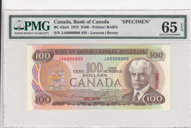 Canada, 100 Dollars, 1975, UNC, p91as, SPECIMEN
PMG 65 EPQ
Serial Number: JA 0...
