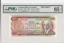 Canada, 100 Dollars, 1975, UNC, p91as, SPECIMEN
PMG 65 EPQ
Serial Number: JA 000000
Estimate: 500-1000
