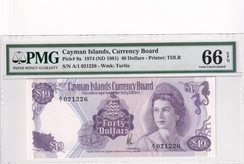 Cayman Islands, 40 Dollars, 1974, UNC, p9a
PMG 66 EPQ
Queen Elizabeth II. Potr...