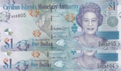 Cayman Islands, 1 Dollar, 2018, UNC, pNew, (Total 2 consecutive banknotes)
Queen Elizabeth II. Potrait
Serial Number: D/6 868804; D/6 868805
Estima...