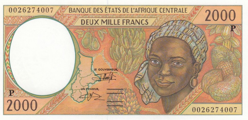 Central African States, 2.000 Francs, 2000, UNC, p603Pg
"P'' Chad
Serial Numbe...