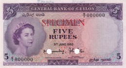 Ceylon, 5 Rupees, 1952, UNC, p52s, SPECIMEN
Queen Elizabeth II. Potrait
Serial Number: G/1 000000
Estimate: 2250-4500