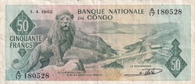 Congo Democratic Republic, 50 Francs, 1962, VF, p5a
Serial Number: A/17 180528
Estimate: 25-50