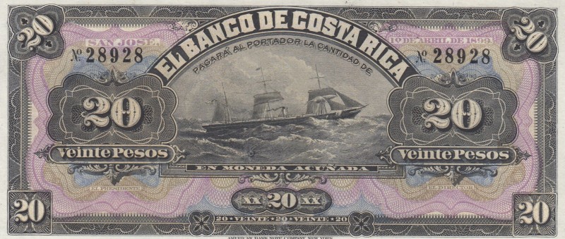 Costa Rica, 20 Pesos, 1899, UNC, pS165
El Banco de Costa Rica
Serial Number: 2...