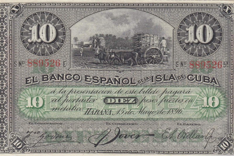 Cuba, 10 Pesos, 1896, UNC, p49d, SPECIMEN
Serial Number: 889526
Estimate: 25-5...