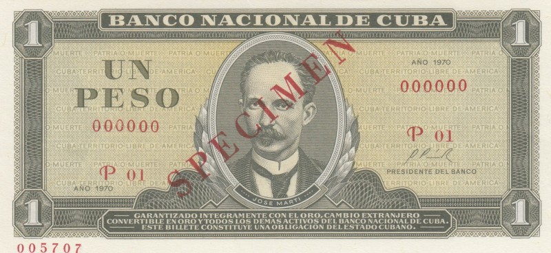 Cuba, 1 Pesos, 1970, UNC, pCS8, SPECIMEN
Collector Series
Serial Number: P01 0...