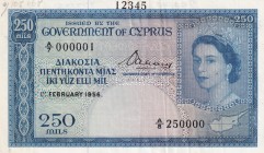Cyprus, 250 Mils, 1956, AUNC(-), p33as, SPECIMEN
Has a ballpoint pen writing
Queen Elizabeth II. Potrait
Serial Number: A/7 000001
Estimate: 1100-...