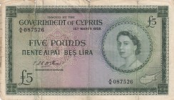 Cyprus, 5 Pounds, 1958, FINE, p36a
Queen Elizabeth II. Potrait
Serial Number: A/6 087526
Estimate: 125-250