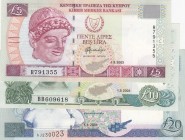 Cyprus, 5-10-20 Pounds, 2003/2004, UNC, p61b; p62d; p63c, (Total 3 banknotes)
Serial Number: R791355, BB609618, AJ230023
Estimate: 70-140