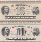 Denmark, 10 Kroner, 1950/1954, VF, p44, (Total 2 banknotes)
Serial Number: H8642C 4639742, B9712F 6127310
Estimate: 20-40