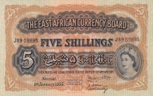 East Africa, 5 Shillings, 1955, AUNC, p33a
Queen Elizabeth II. Potrait
Serial Number: J89 09895
Estimate: 450-900