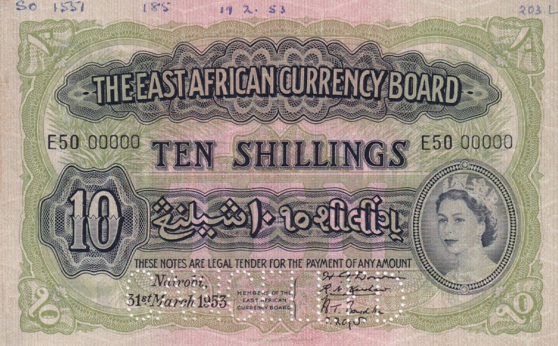 East Africa, 10 Shillings, 1953, AUNC(-), p34s, CANCELLED
Queen Elizabeth II. P...