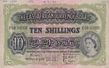 East Africa, 10 Shillings, 1953, AUNC(-), p34s, CANCELLED
Queen Elizabeth II. Potrait
Serial Number: E50 00000
Estimate: 2500-5000