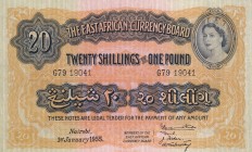 East Africa, 20 Shillings = 1 Pound, 1955, XF, p35
Queen Elizabeth II. Potrait
Serial Number: G79 19041
Estimate: 200-400