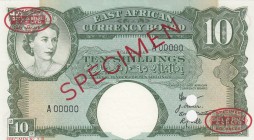 East Africa, 10 Shillings, 1958, UNC, p38s, SPECIMEN
Queen Elizabeth II. Potrait
Serial Number: A 00000
Estimate: 500-1000