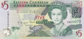 East Caribbean States, 5 Dollars, 2008, UNC, p47a
Queen Elizabeth II. Potrait
Serial Number: CM650070
Estimate: 10-20