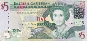 East Caribbean States, 5 Dollars, 2008, UNC, p47a
Queen Elizabeth II portrait, Polymer plastic banknote
Serial Number: CM650005
Estimate: 10-20