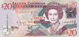 East Caribbean States, 20 Dollars, 2008, UNC, p49
There is a counting trace.
Queen Elizabeth II. Potrait
Serial Number: LA704559
Estimate: 15-30