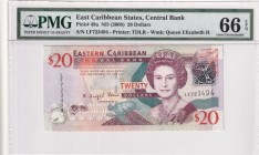 East Caribbean States, 20 Dollars, 2008, UNC, p49a
PMG 66 EPQ . Queen Elizabeth II portrait
Serial Number: LF723494
Estimate: 60-120