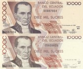 Ecuador, 10.000 Escudos, 1998/1999, UNC, p127, (Total 2 banknotes)
Serial Number: 00987804, 05608839
Estimate: 10-20