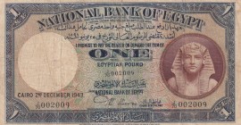 Egypt, 1 Pound, 1943, FINE, p22c
Serial Number: J/70 002009
Estimate: 30-60