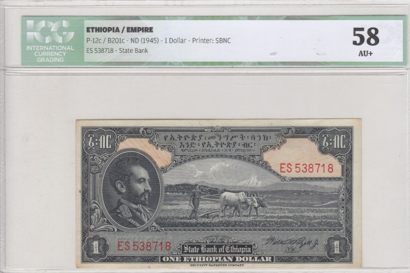 Ethiopia, 1 Dollar, 1945, AUNC, p12c
ICG 58
Serial Number: ES538718
Estimate:...