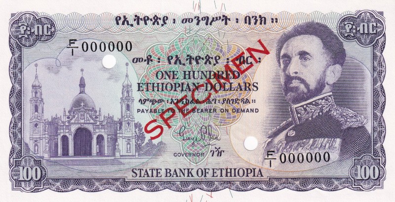 Ethiopia, 100 Dollars, 1961, UNC, p23s, SPECIMEN
Serial Number: F/1 000000
Est...
