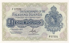Falkland Islands, 1 Pound, 1977, UNC, p8c
Queen Elizabeth II. Potrait
Serial Number: F 07331
Estimate: 225-450
